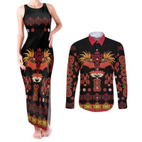 Papua Batik Motif Couples Matching Tank Maxi Dress and Long Sleeve Button Shirt Papua Spirit Black Version - Polynesian Pride