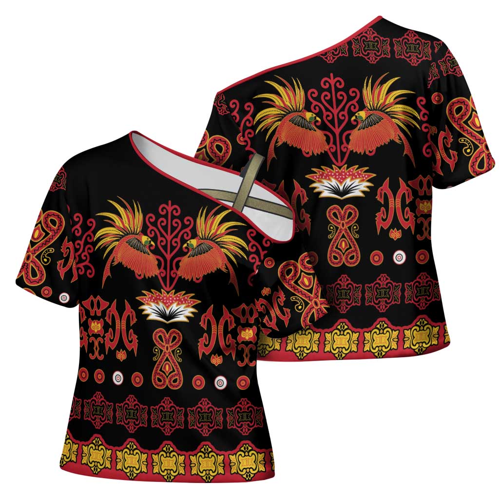 Papua Batik Motif Cross Shoulder Shirt Papua Spirit Black Version LT05 - Polynesian Pride
