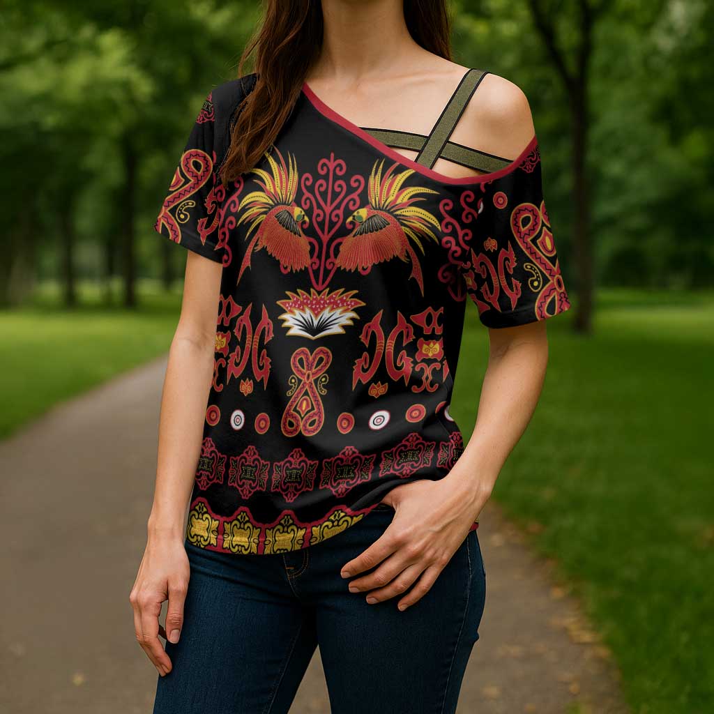 Papua Batik Motif Cross Shoulder Shirt Papua Spirit Black Version LT05 - Polynesian Pride