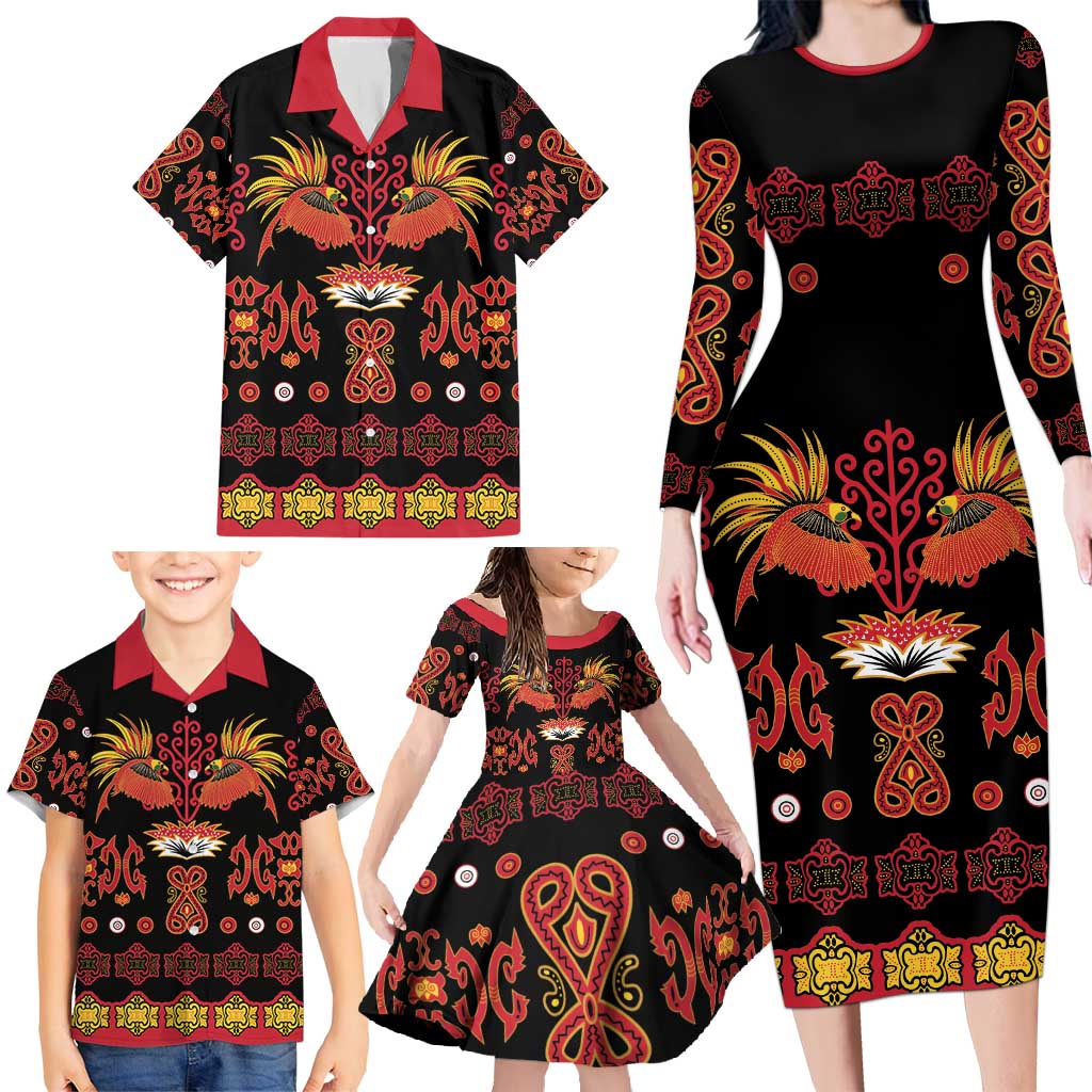Papua Batik Motif Family Matching Long Sleeve Bodycon Dress and Hawaiian Shirt Papua Spirit Black Version - Polynesian Pride