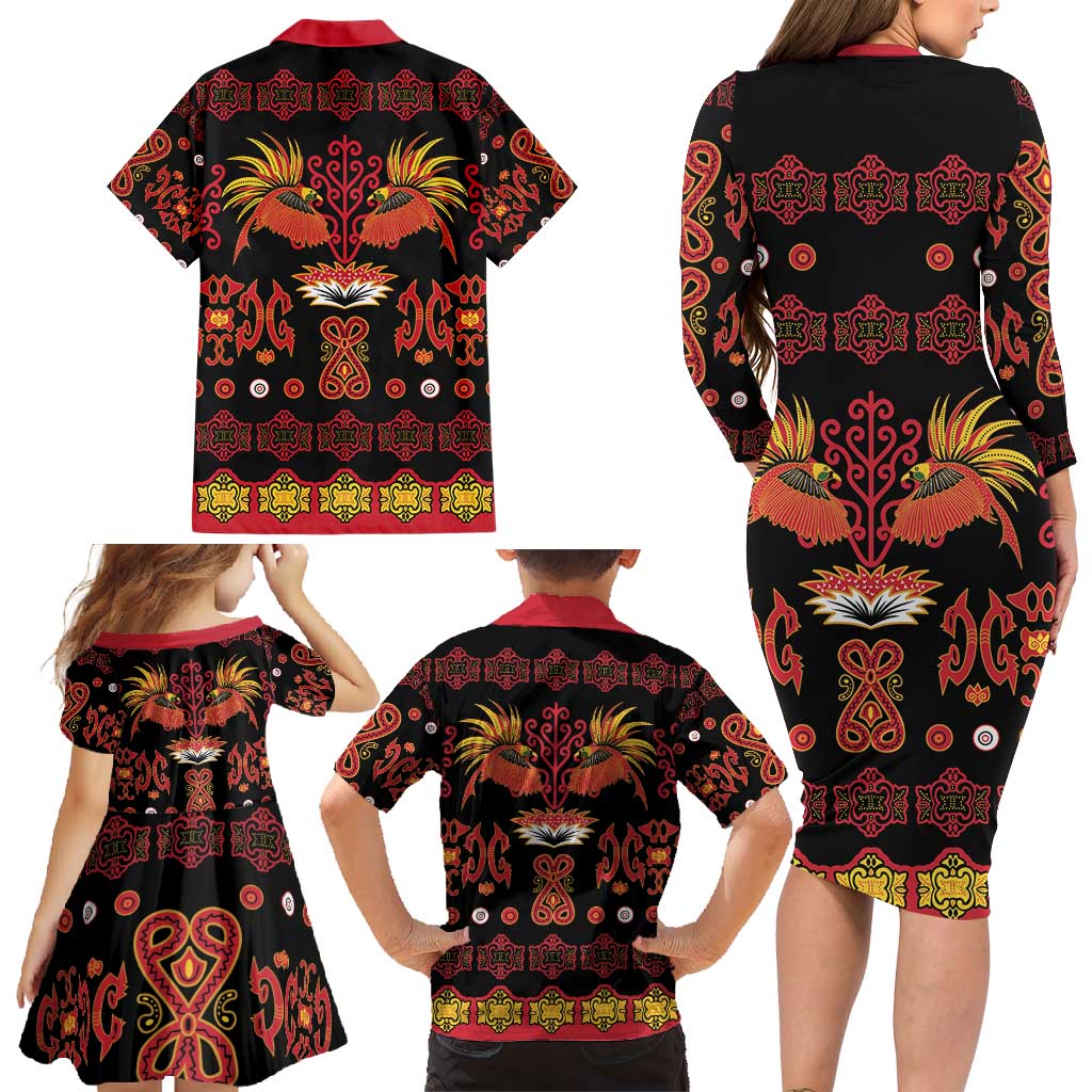 Papua Batik Motif Family Matching Long Sleeve Bodycon Dress and Hawaiian Shirt Papua Spirit Black Version - Polynesian Pride
