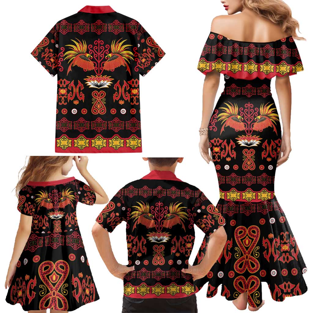 Papua Batik Motif Family Matching Mermaid Dress and Hawaiian Shirt Papua Spirit Black Version - Polynesian Pride