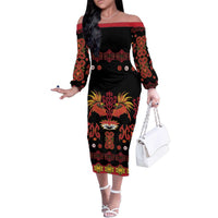 Papua Batik Motif Family Matching Off The Shoulder Long Sleeve Dress and Hawaiian Shirt Papua Spirit Black Version - Polynesian Pride