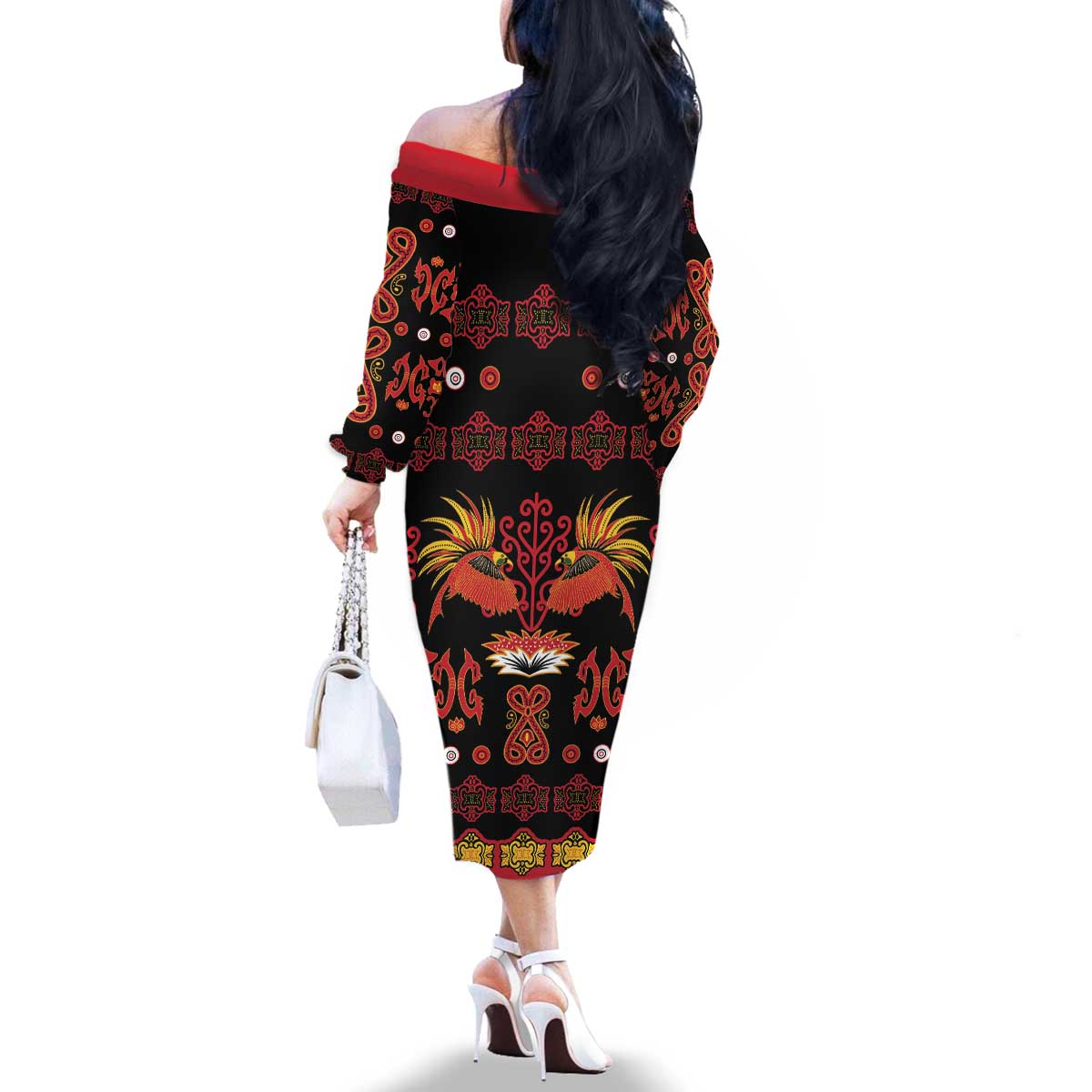 Papua Batik Motif Family Matching Off The Shoulder Long Sleeve Dress and Hawaiian Shirt Papua Spirit Black Version - Polynesian Pride