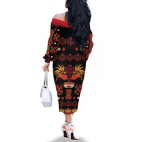 Papua Batik Motif Family Matching Off The Shoulder Long Sleeve Dress and Hawaiian Shirt Papua Spirit Black Version - Polynesian Pride