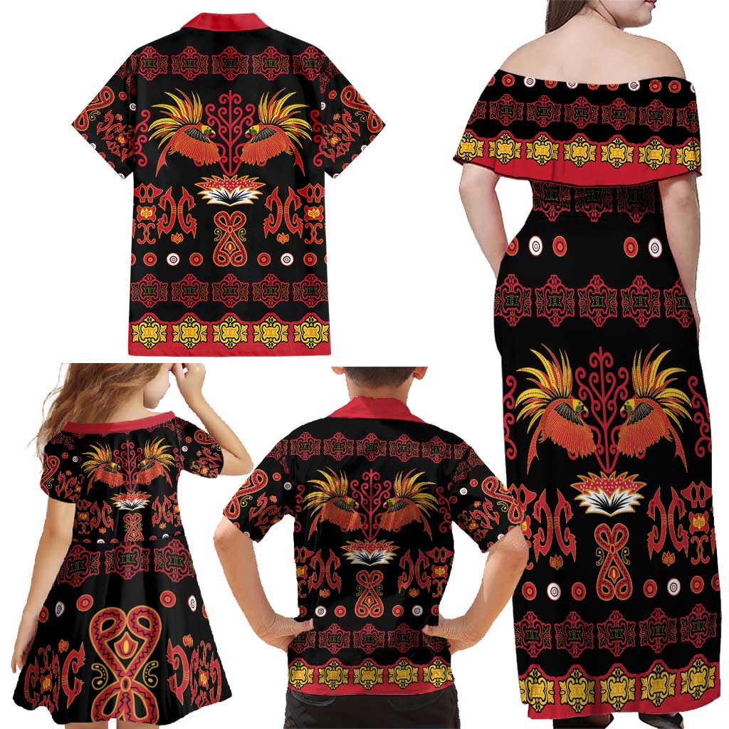 Papua Batik Motif Family Matching Off Shoulder Maxi Dress and Hawaiian Shirt Papua Spirit Black Version - Polynesian Pride