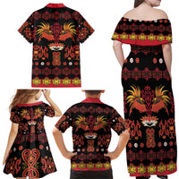 Papua Batik Motif Family Matching Off Shoulder Maxi Dress and Hawaiian Shirt Papua Spirit Black Version - Polynesian Pride