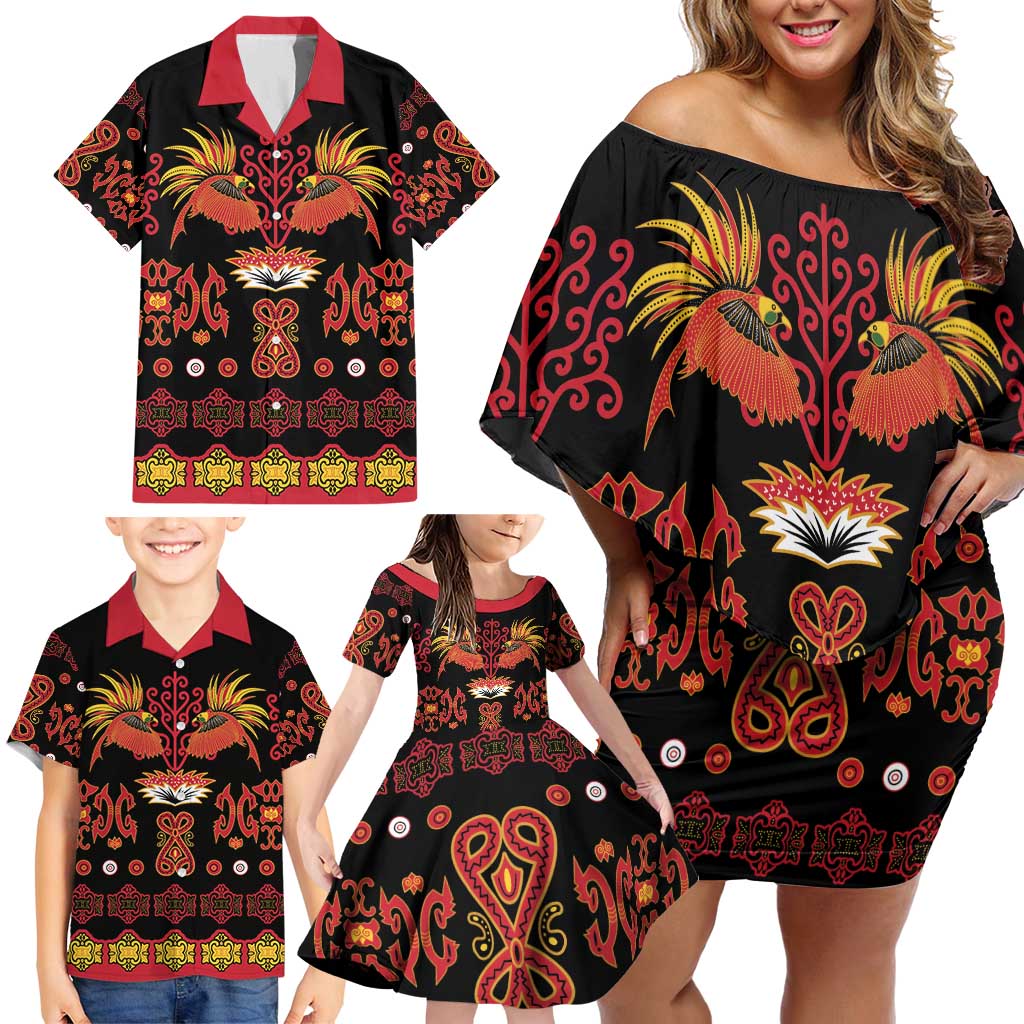 Papua Batik Motif Family Matching Off Shoulder Short Dress and Hawaiian Shirt Papua Spirit Black Version - Polynesian Pride