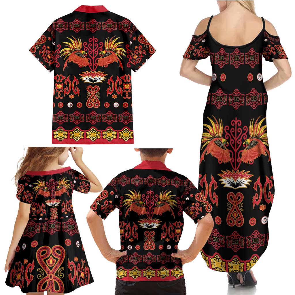 Papua Batik Motif Family Matching Summer Maxi Dress and Hawaiian Shirt Papua Spirit Black Version - Polynesian Pride