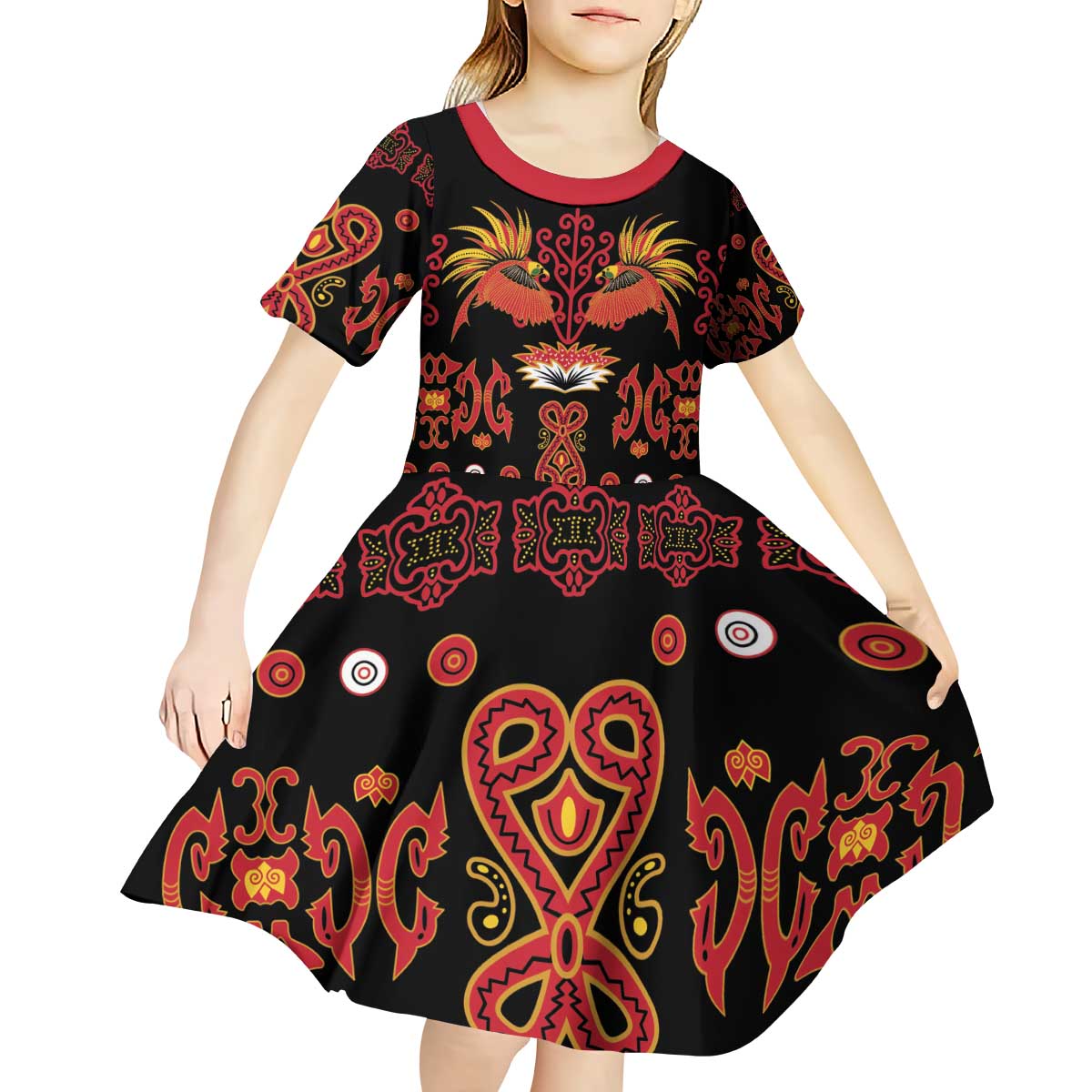 Papua Batik Motif Kid Short Sleeve Dress Papua Spirit Black Version - Polynesian Pride