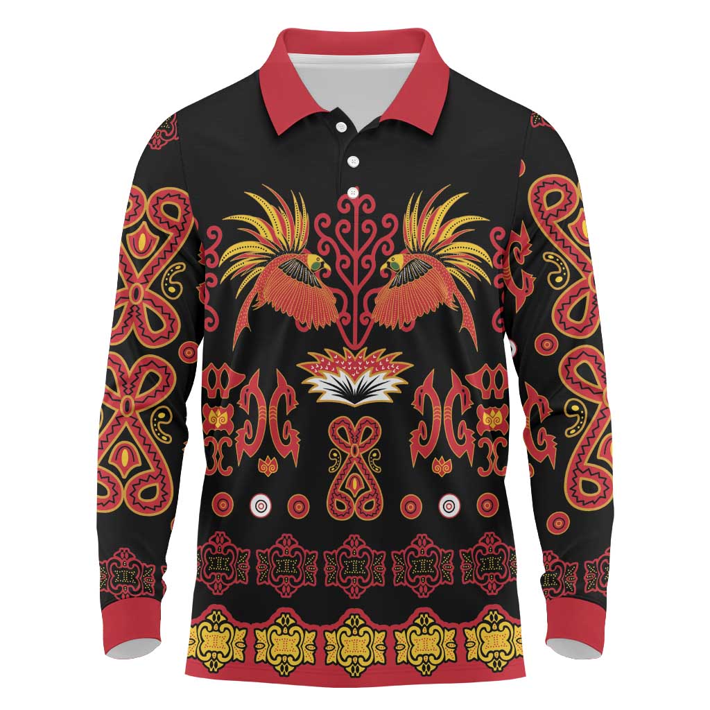 Papua Batik Motif Long Sleeve Polo Shirt Papua Spirit Black Version - Polynesian Pride