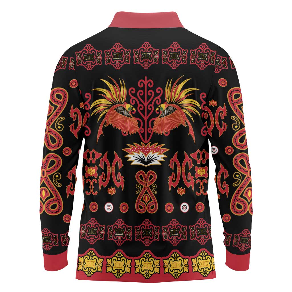 Papua Batik Motif Long Sleeve Polo Shirt Papua Spirit Black Version - Polynesian Pride