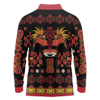 Papua Batik Motif Long Sleeve Polo Shirt Papua Spirit Black Version - Polynesian Pride