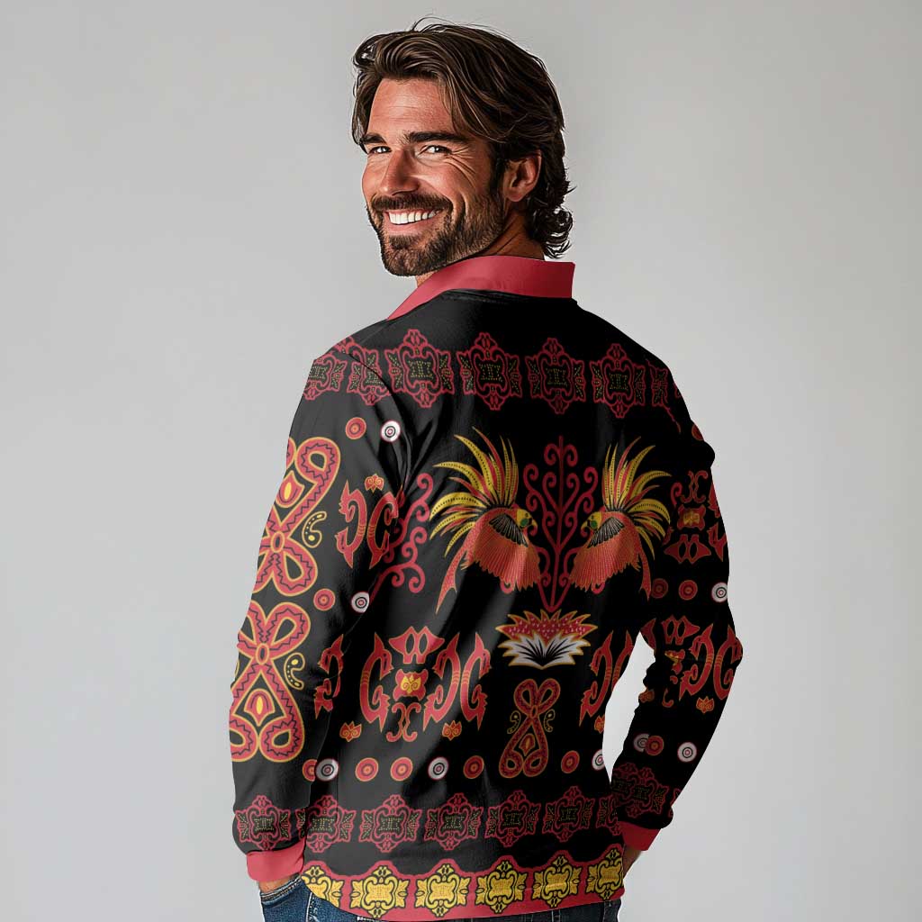 Papua Batik Motif Long Sleeve Polo Shirt Papua Spirit Black Version - Polynesian Pride