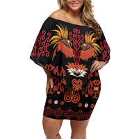 Papua Batik Motif Off Shoulder Short Dress Papua Spirit Black Version - Polynesian Pride