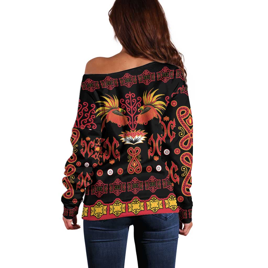 Papua Batik Motif Off Shoulder Sweater Papua Spirit Black Version - Polynesian Pride