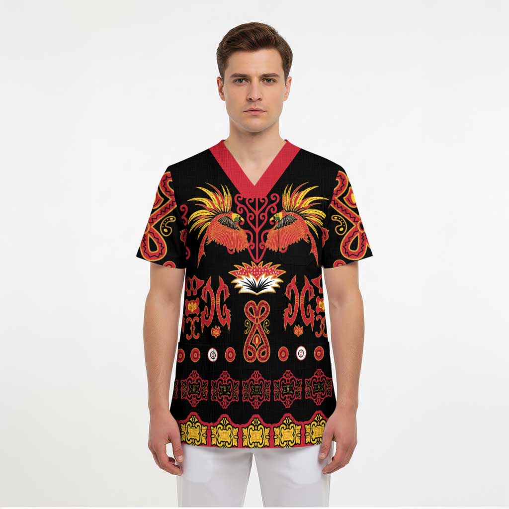 Papua Batik Motif Scrub Top Papua Spirit Black Version LT05 - Polynesian Pride