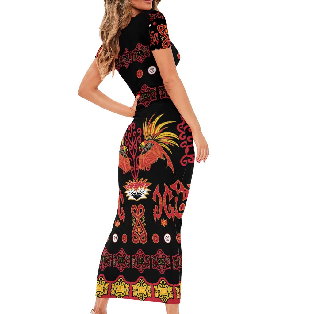 Papua Batik Motif Short Sleeve Bodycon Dress Papua Spirit Black Version - Polynesian Pride