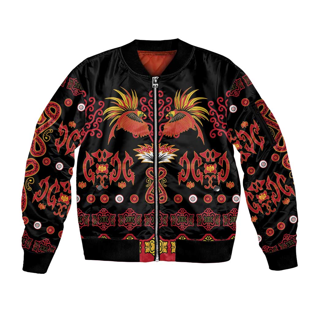 Papua Batik Motif Sleeve Zip Bomber Jacket Papua Spirit Black Version - Polynesian Pride