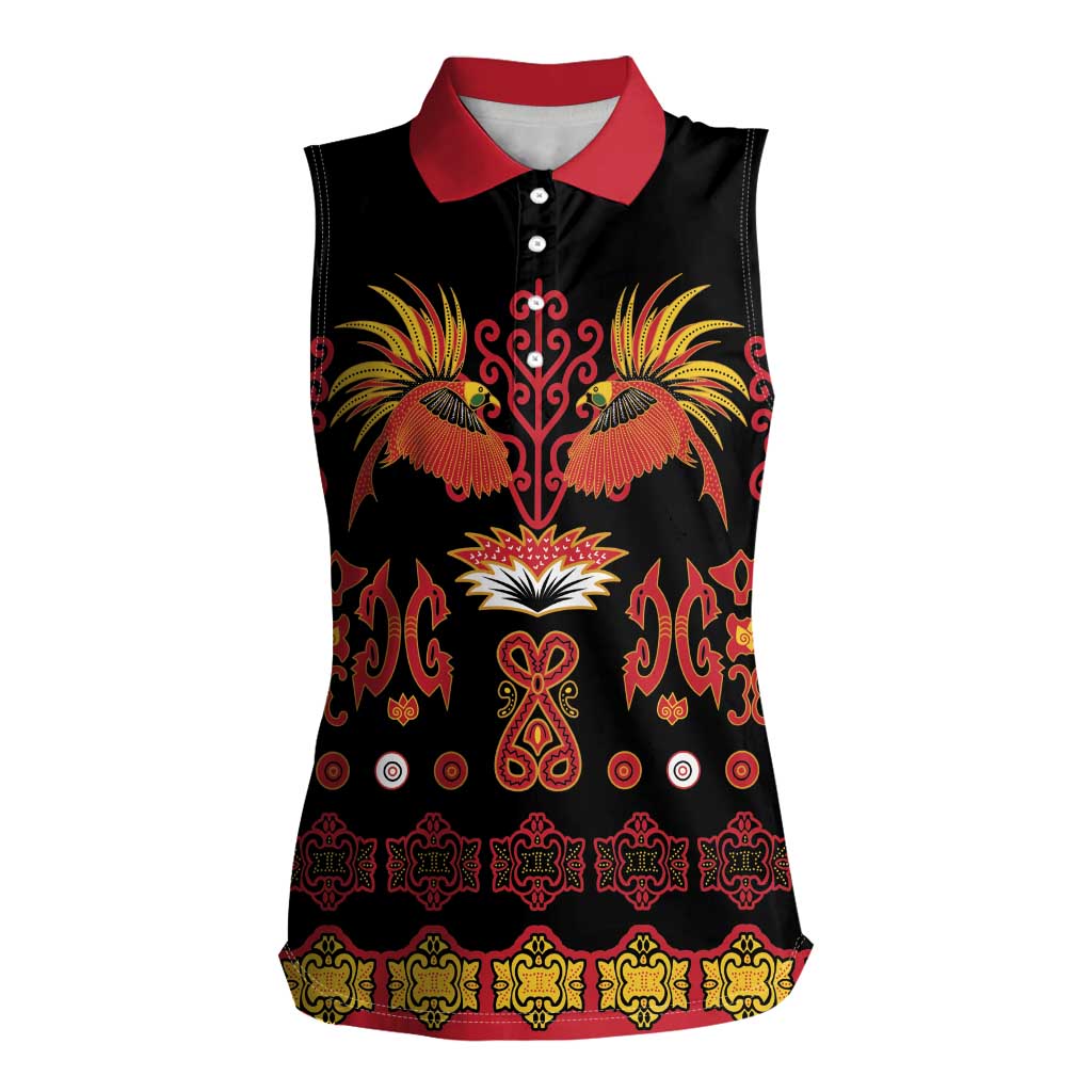 Papua Batik Motif Women Sleeveless Polo Shirt Papua Spirit Black Version - Polynesian Pride