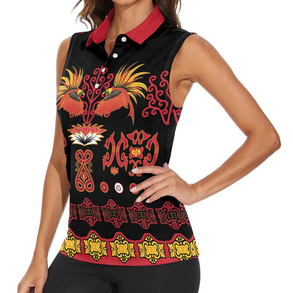 Papua Batik Motif Women Sleeveless Polo Shirt Papua Spirit Black Version - Polynesian Pride