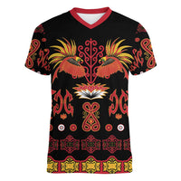 Papua Batik Motif Women V-Neck T-Shirt Papua Spirit Black Version - Polynesian Pride