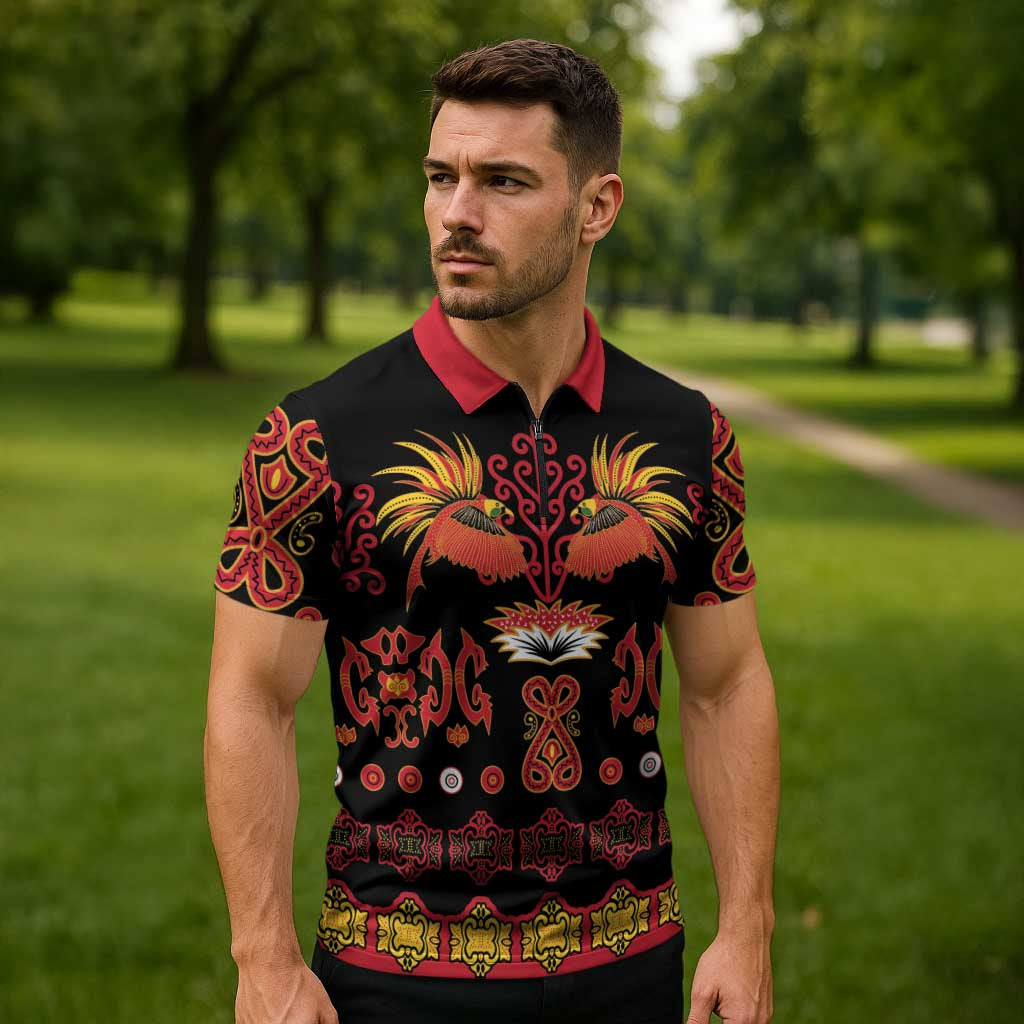 Papua Batik Motif Zipper Polo Shirt Papua Spirit Black Version LT05 - Polynesian Pride