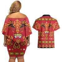 Papua Batik Motif Couples Matching Off Shoulder Short Dress and Hawaiian Shirt Papua Spirit Red Version - Polynesian Pride
