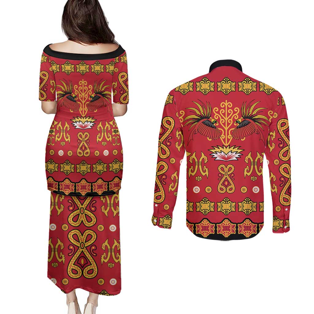 Papua Batik Motif Couples Matching Puletasi and Long Sleeve Button Shirt Papua Spirit Red Version LT05 - Polynesian Pride