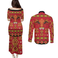 Papua Batik Motif Couples Matching Puletasi and Long Sleeve Button Shirt Papua Spirit Red Version LT05 - Polynesian Pride