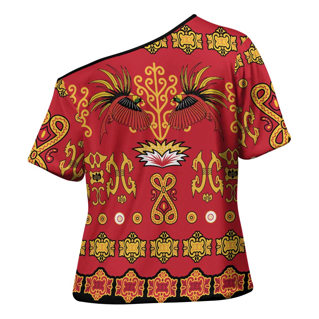 Papua Batik Motif Cross Shoulder Shirt Papua Spirit Red Version LT05 - Polynesian Pride