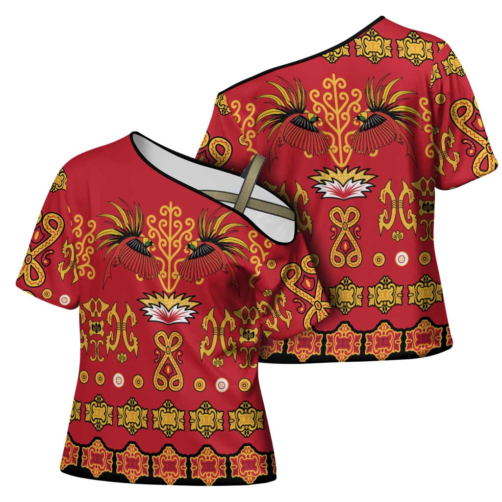 Papua Batik Motif Cross Shoulder Shirt Papua Spirit Red Version LT05 - Polynesian Pride