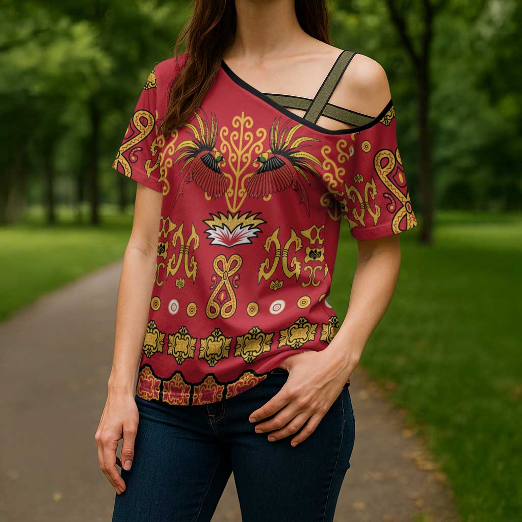 Papua Batik Motif Cross Shoulder Shirt Papua Spirit Red Version LT05 - Polynesian Pride