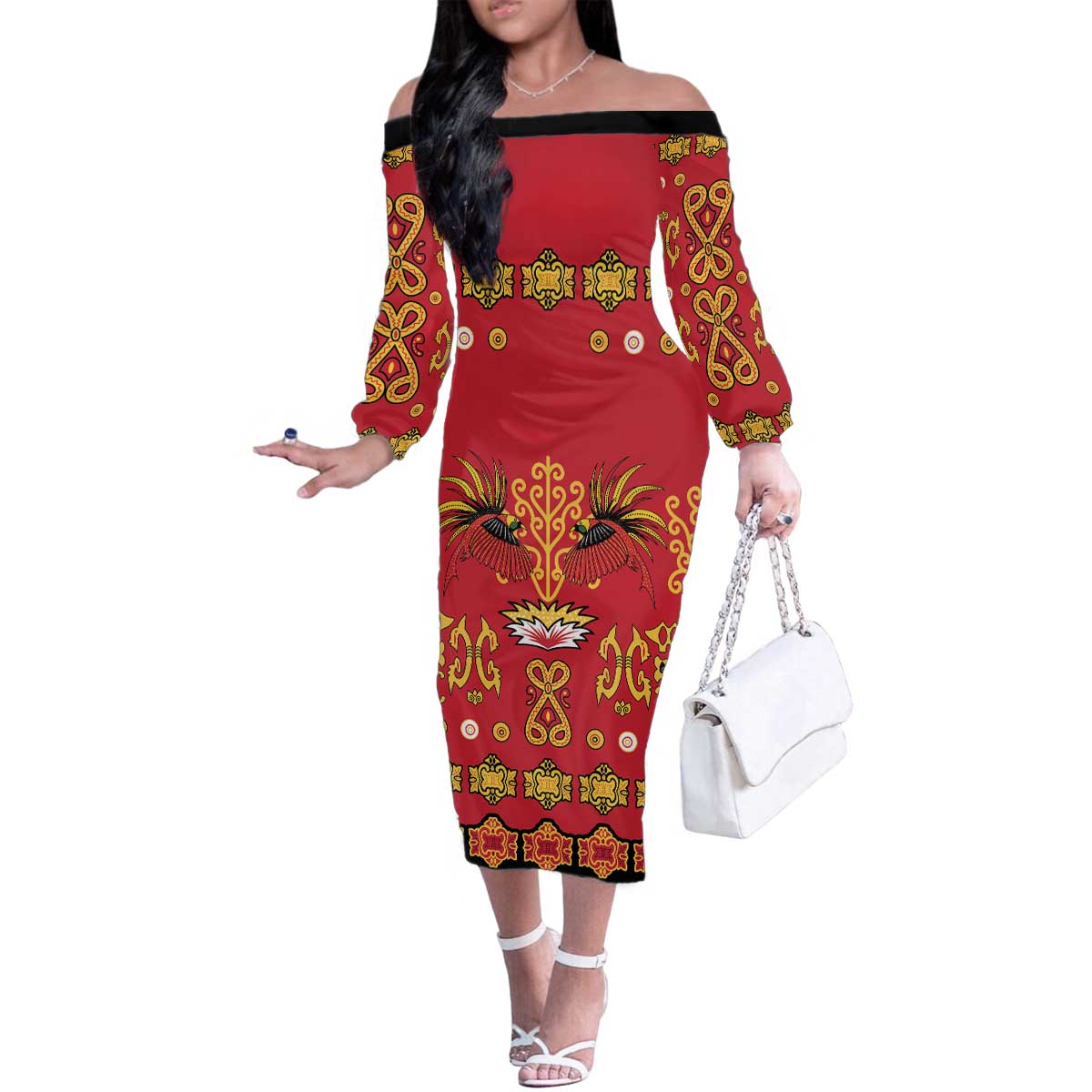 Papua Batik Motif Family Matching Off The Shoulder Long Sleeve Dress and Hawaiian Shirt Papua Spirit Red Version - Polynesian Pride