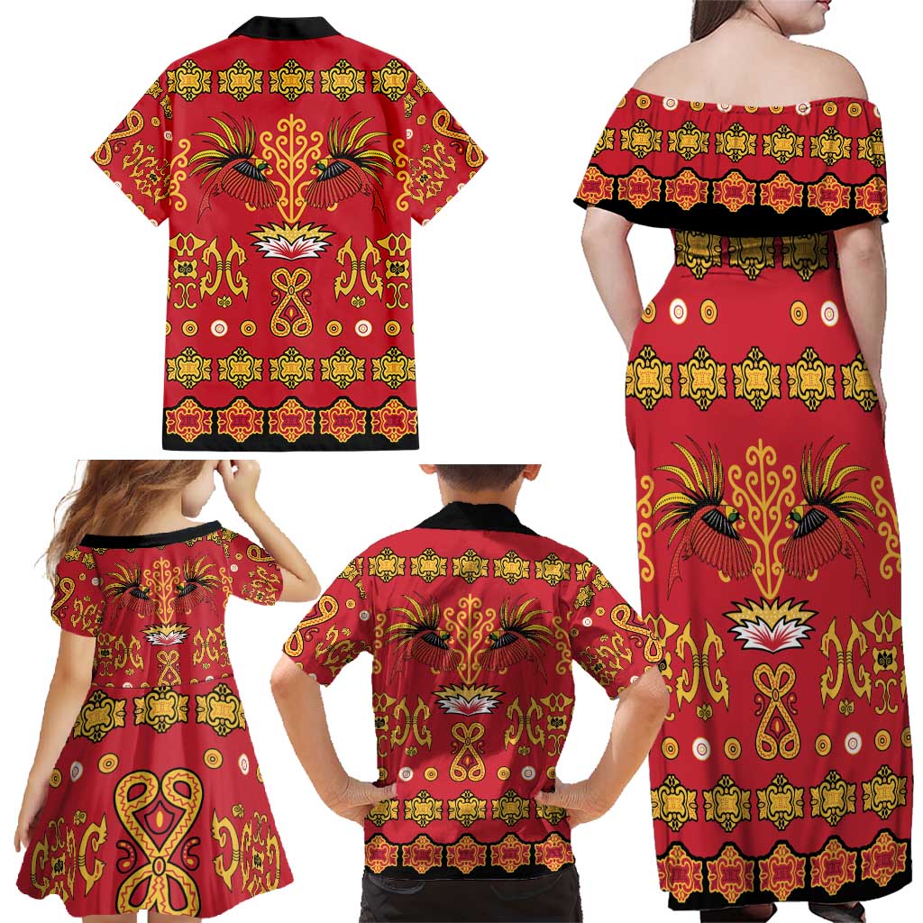 Papua Batik Motif Family Matching Off Shoulder Maxi Dress and Hawaiian Shirt Papua Spirit Red Version - Polynesian Pride