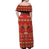 Papua Batik Motif Family Matching Off Shoulder Maxi Dress and Hawaiian Shirt Papua Spirit Red Version - Polynesian Pride
