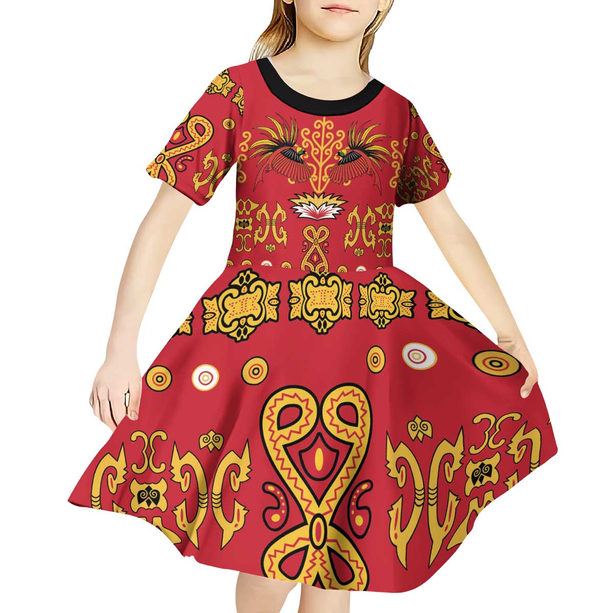 Papua Batik Motif Kid Short Sleeve Dress Papua Spirit Red Version - Polynesian Pride
