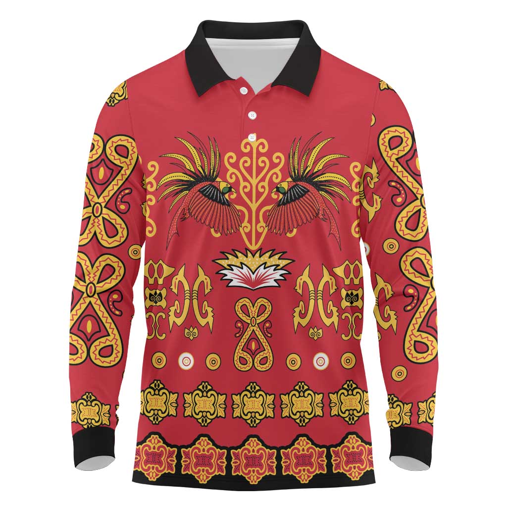 Papua Batik Motif Long Sleeve Polo Shirt Papua Spirit Red Version - Polynesian Pride