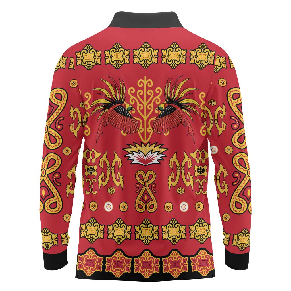 Papua Batik Motif Long Sleeve Polo Shirt Papua Spirit Red Version LT05 - Polynesian Pride