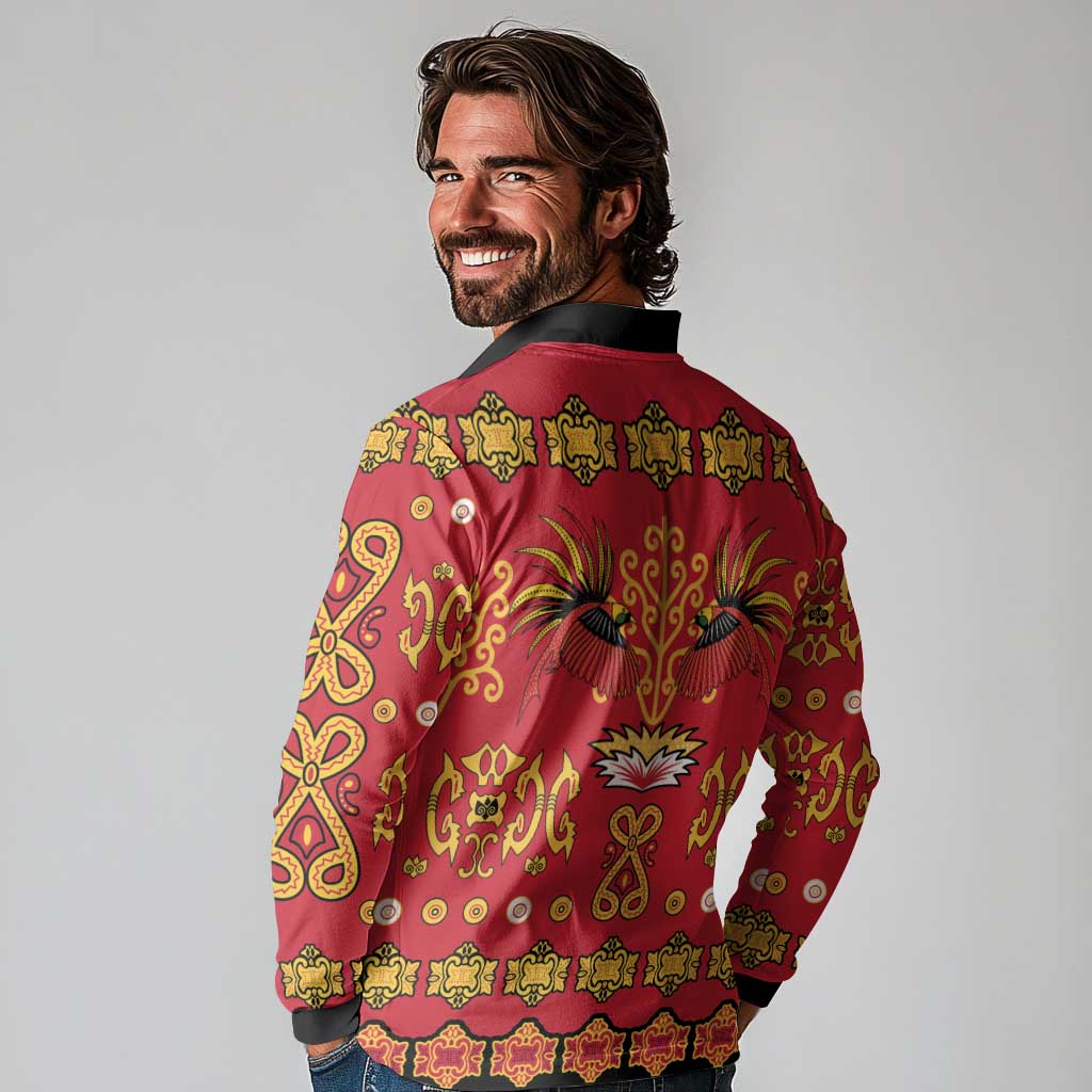 Papua Batik Motif Long Sleeve Polo Shirt Papua Spirit Red Version LT05 - Polynesian Pride