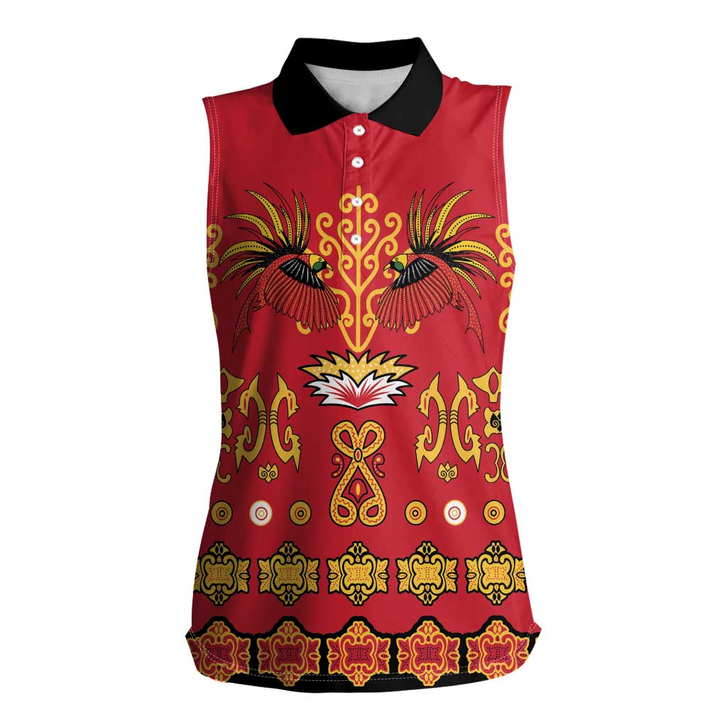 Papua Batik Motif Women Sleeveless Polo Shirt Papua Spirit Red Version - Polynesian Pride