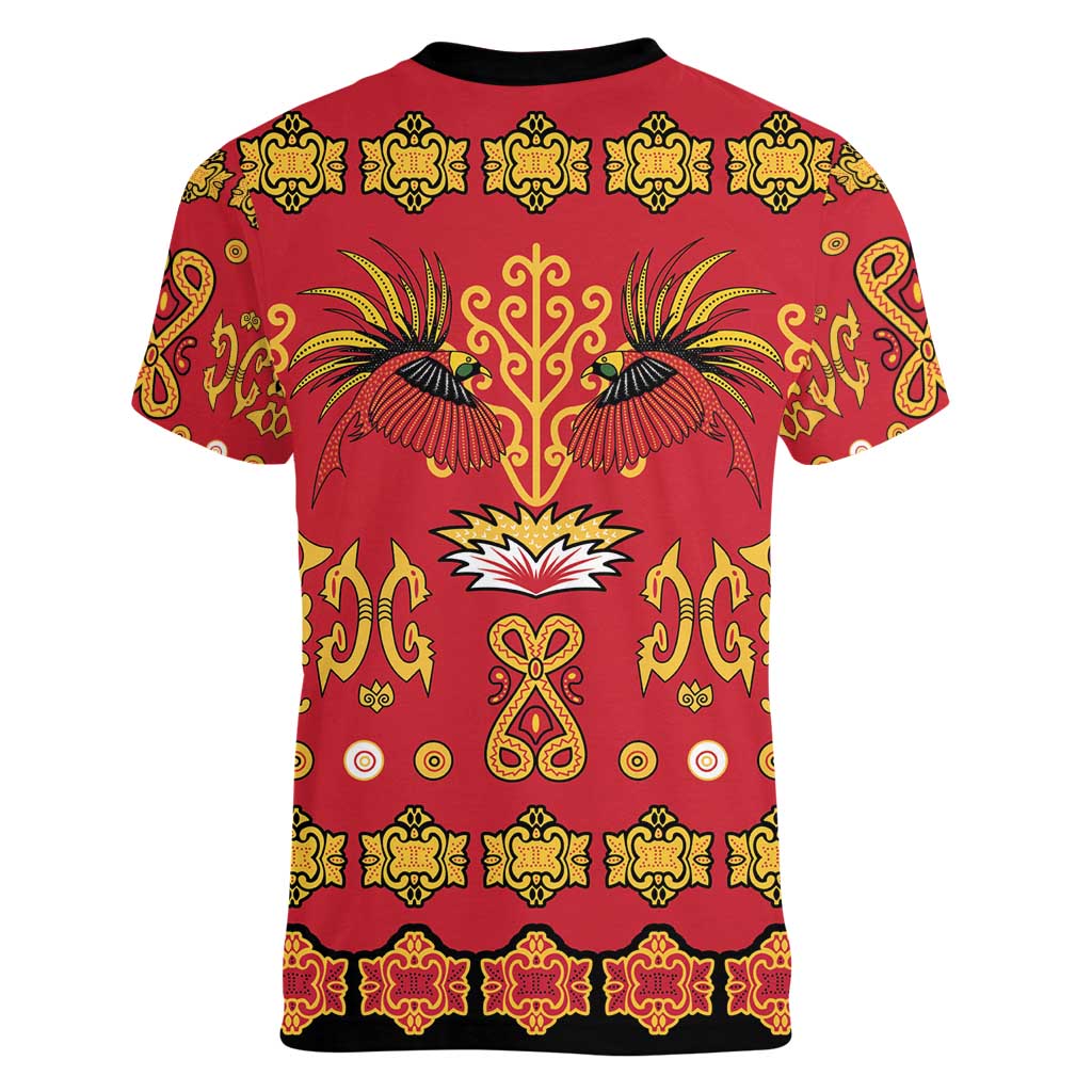 Papua Batik Motif Women V-Neck T-Shirt Papua Spirit Red Version - Polynesian Pride