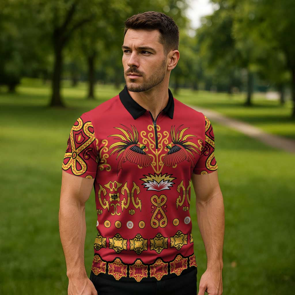 Papua Batik Motif Zipper Polo Shirt Papua Spirit Red Version LT05 - Polynesian Pride