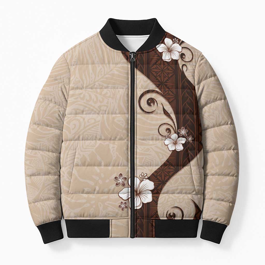 Polynesia Hibiscus Bomber Puffer Jacket Cameo Curve Motif LT05 Unisex Beige - Polynesian Pride