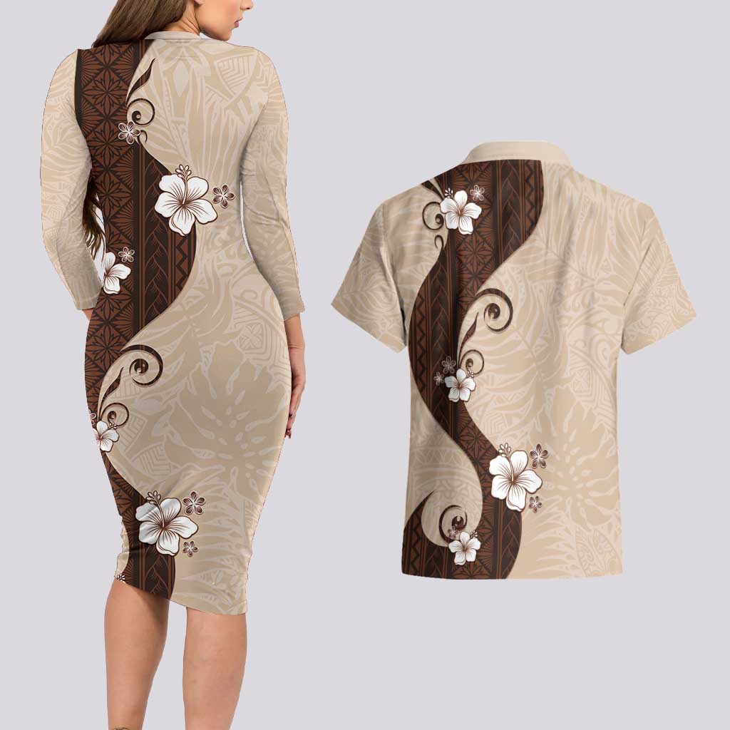 Polynesia Hibiscus Couples Matching Long Sleeve Bodycon Dress and Hawaiian Shirt Cameo Curve Motif - Polynesian Pride