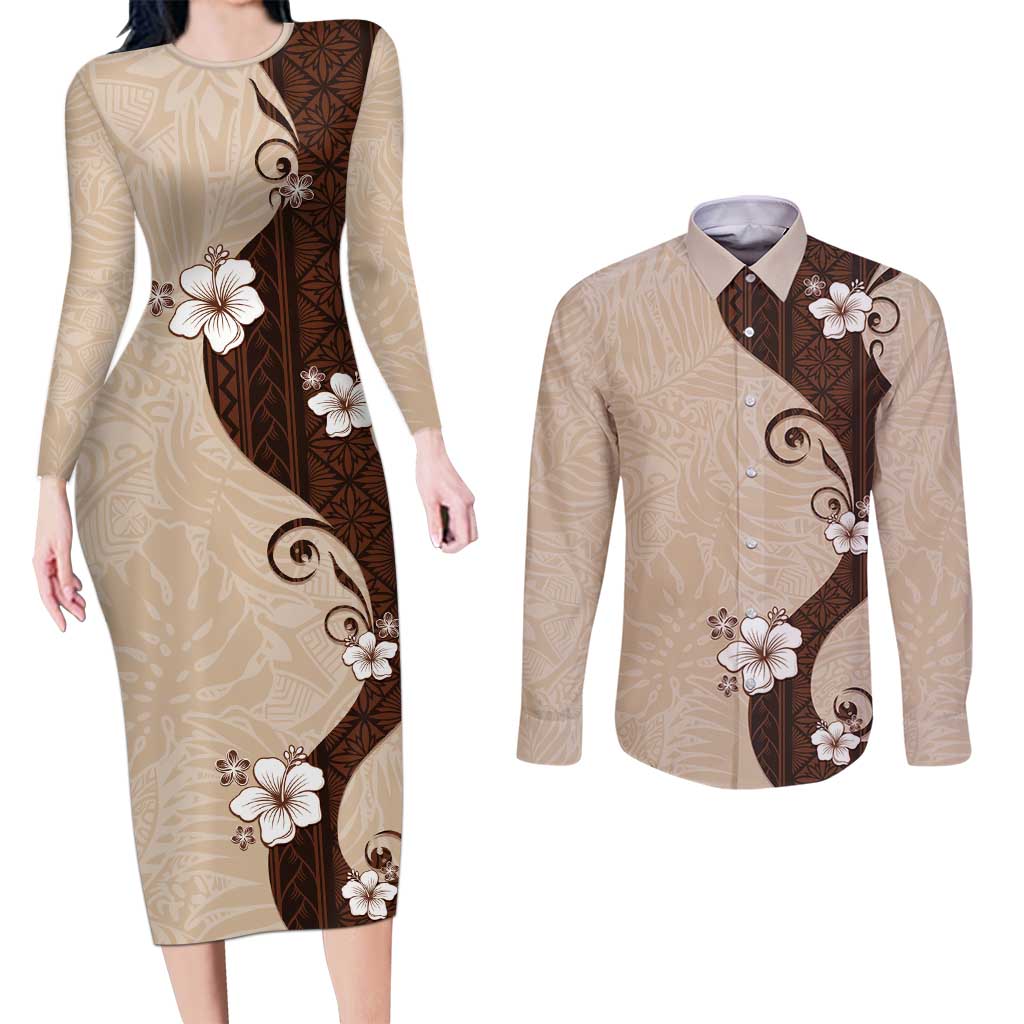 Polynesia Hibiscus Couples Matching Long Sleeve Bodycon Dress and Long Sleeve Button Shirt Cameo Curve Motif LT05 Beige - Polynesian Pride