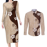 Polynesia Hibiscus Couples Matching Long Sleeve Bodycon Dress and Long Sleeve Button Shirt Cameo Curve Motif LT05 Beige - Polynesian Pride