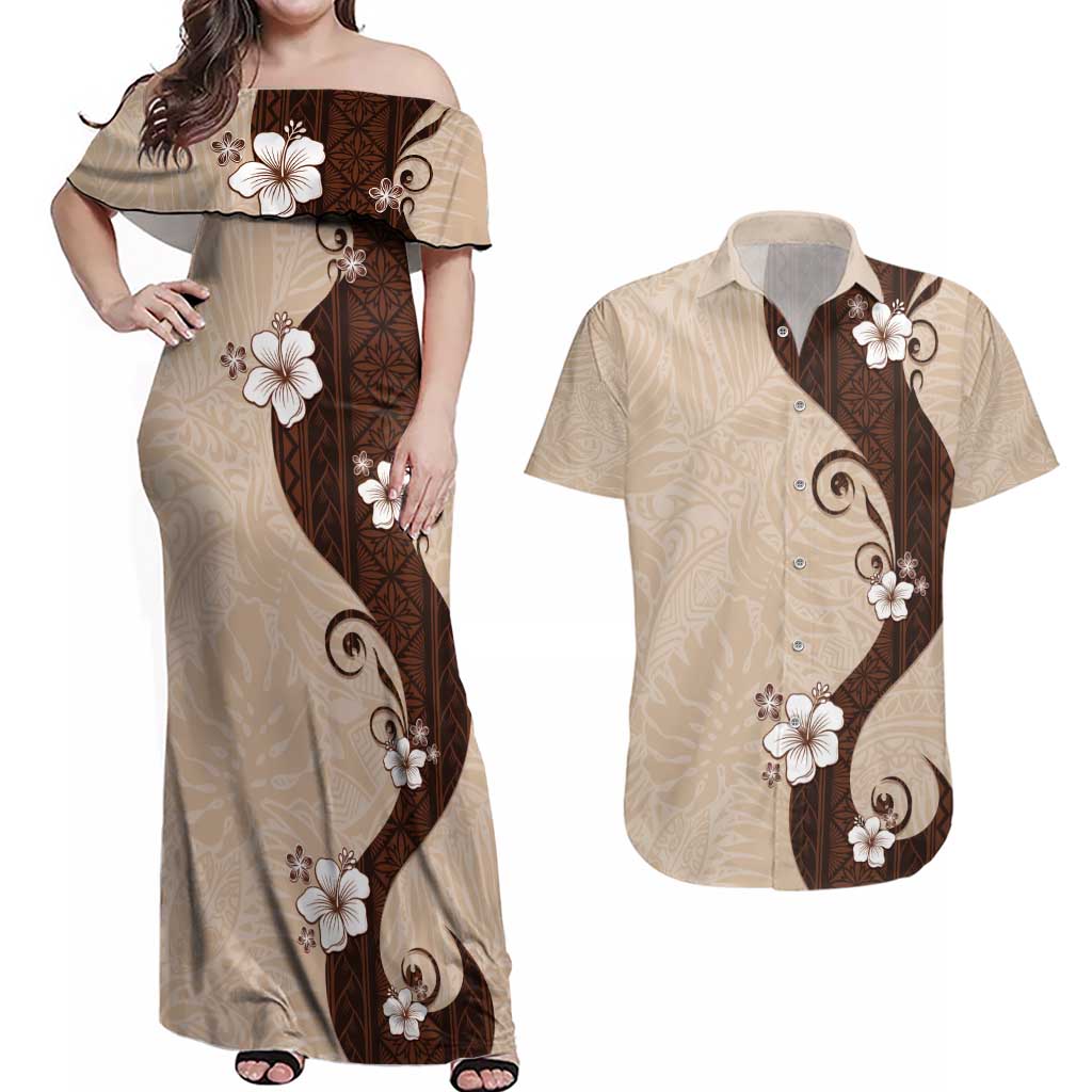 Polynesia Hibiscus Couples Matching Off Shoulder Maxi Dress and Hawaiian Shirt Cameo Curve Motif - Polynesian Pride
