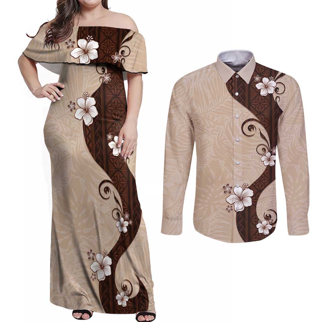 Polynesia Hibiscus Couples Matching Off Shoulder Maxi Dress and Long Sleeve Button Shirt Cameo Curve Motif LT05 Beige - Polynesian Pride