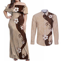 Polynesia Hibiscus Couples Matching Off Shoulder Maxi Dress and Long Sleeve Button Shirt Cameo Curve Motif LT05 Beige - Polynesian Pride
